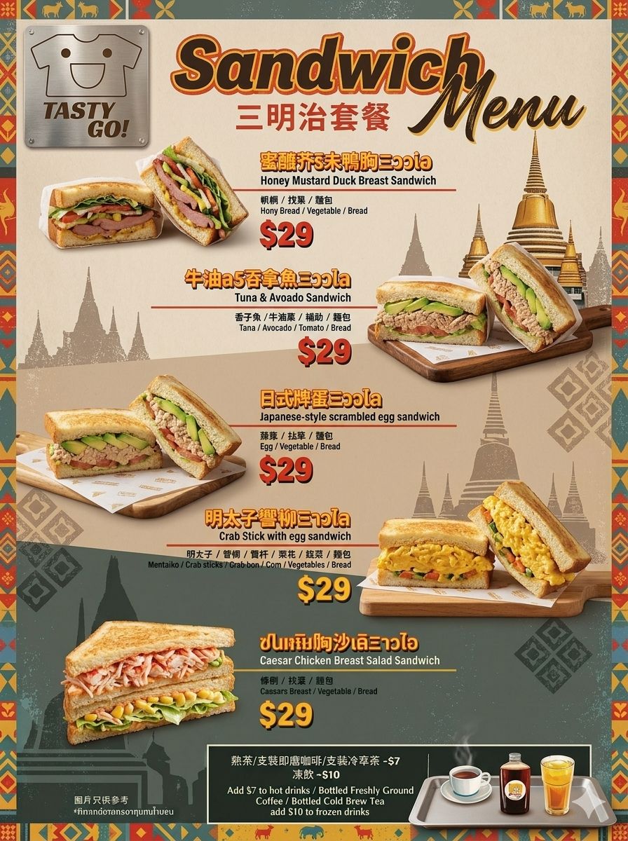 TASTY GO! Sandwich Menu 三明治套餐菜單 — 5 款 $29 三文治外賣：蜜糖芥末鴨胸、牛油果吞拿魚、日式碎蛋、明太子蟹柳、凱撒雞胸沙律